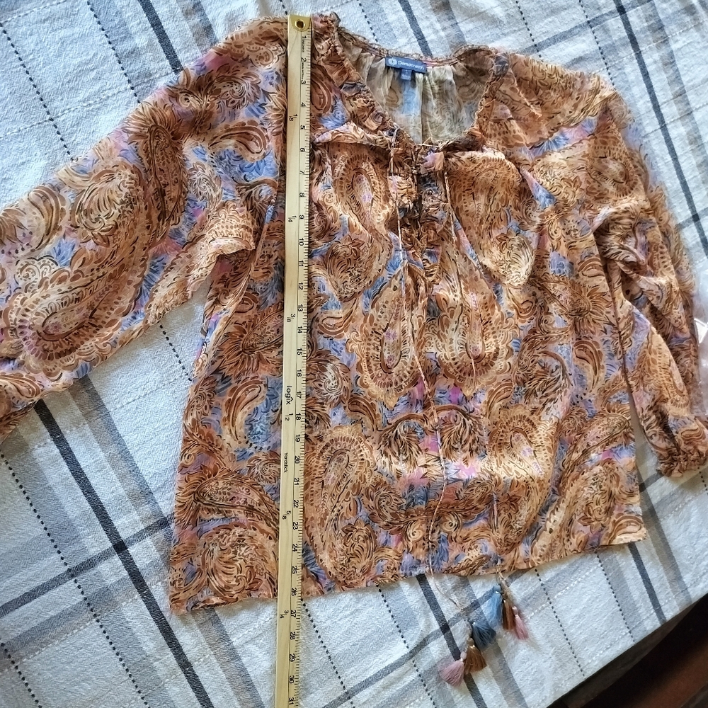 Democracy Women's Sheer Brown Paisley Peasant Top Large Boho 70s whimsigoth - Picture 12 of 14